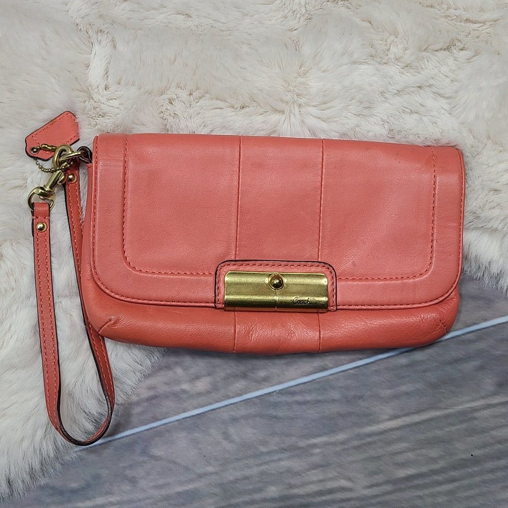 Coach Pink Coral Glove leather Wristlet with Gray satin lining